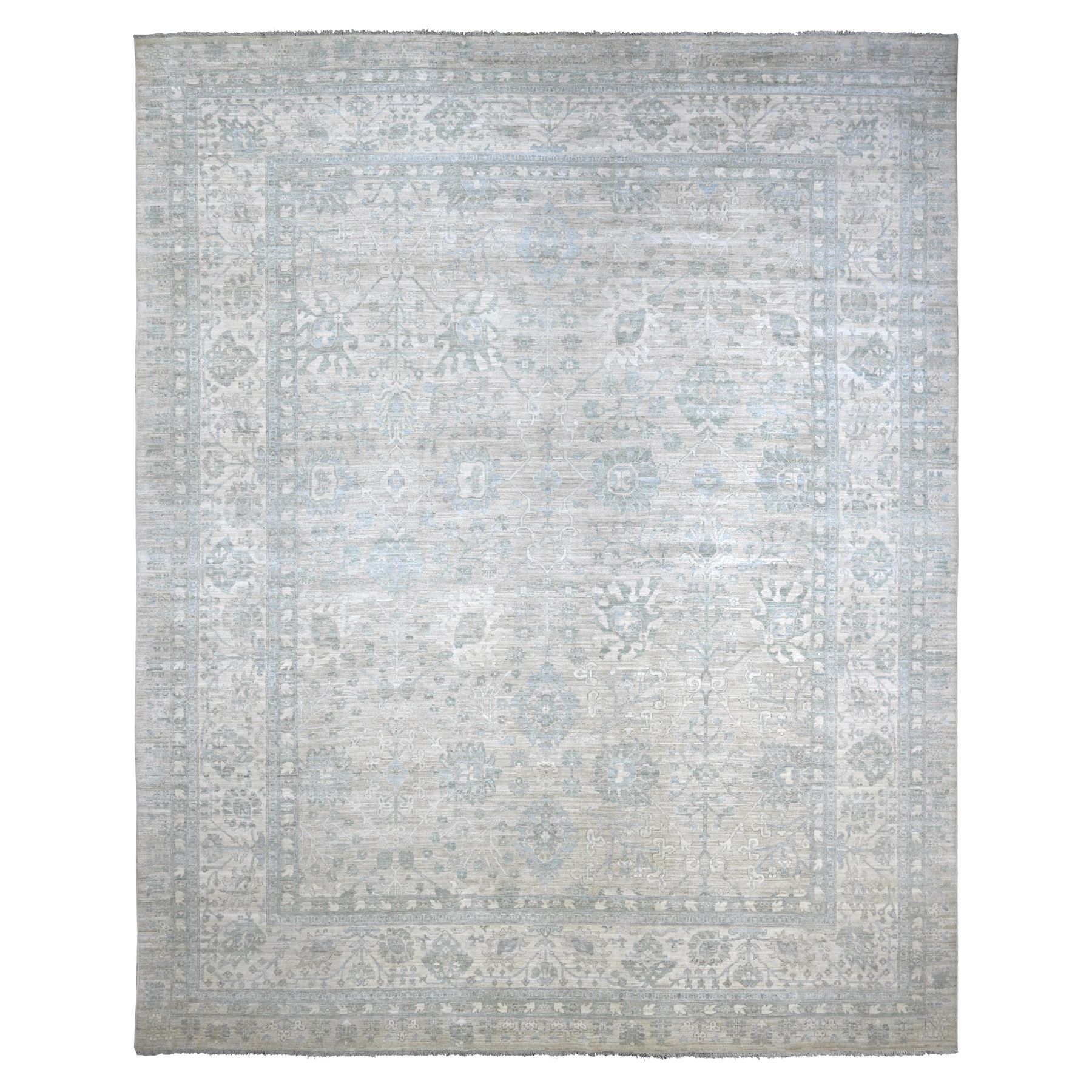11'7"x14'6" Light Gray, Afghan Peshawar with Antiqued Tabriz Design, Silver Wash, Hand Knotted, High Mountain Wool, Densely Woven, XL, Oversized, Oriental Rug 
